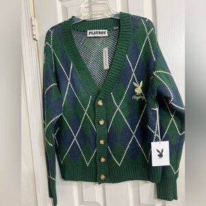 NWT PLAYBOY Argyle Knit cardigan in Green and Blue .